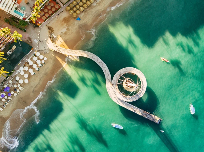 Aerial head shot of Puerto Vallarta’s beachside and Malecón.