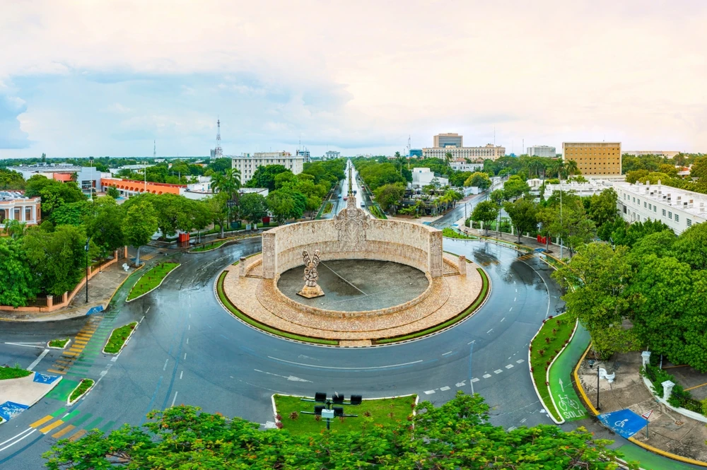 Aerial view of Merida’s Landmark Monumento a la Patria and surrounding blocks.