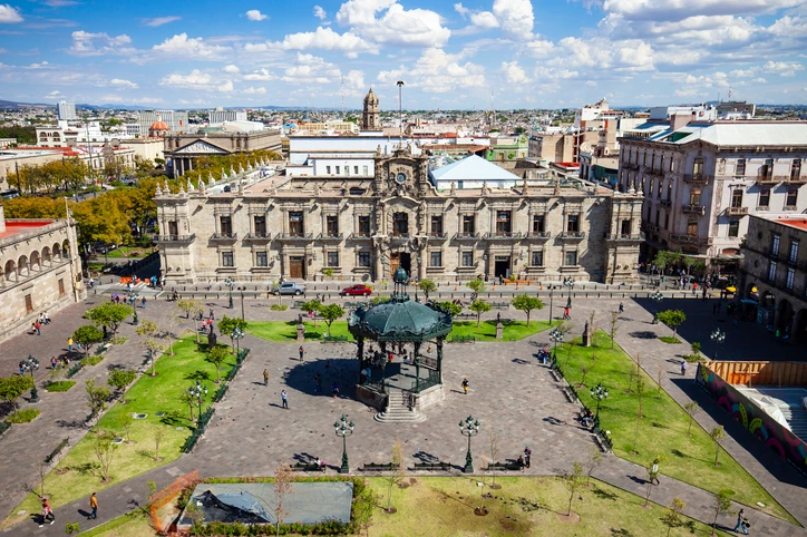 Aerial view of Plaza de Armas, the main square in Guadalajaras city center.