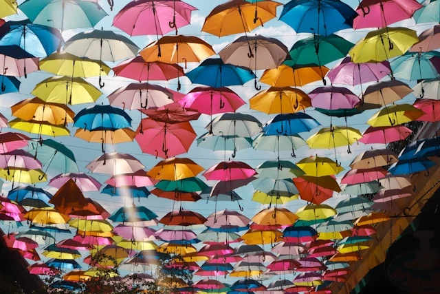 Colorful mosaic of umbrellas decorating the streets of Tlaquepaque. 