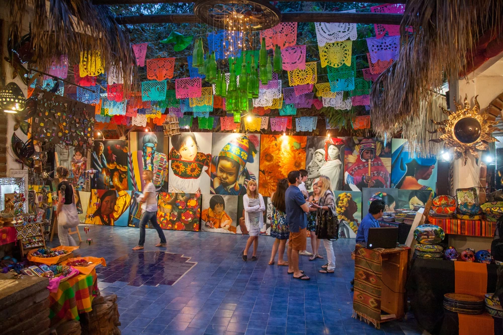 People visit art and souvenir gallery in San Jose Del Cabo, Mexico