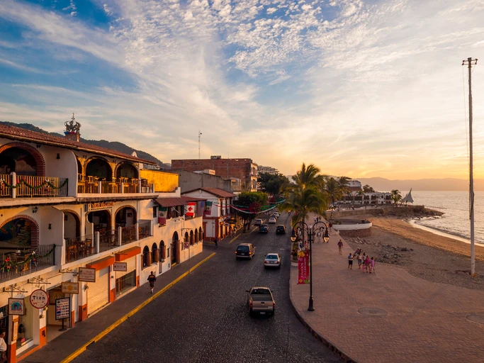 A street near the beach in Puerto Vallarta during the afternoon.