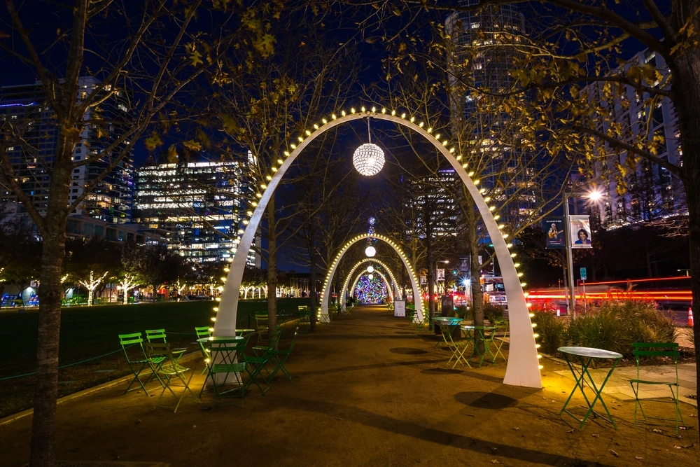 Night time at Klyde Warren Park in Dallas.