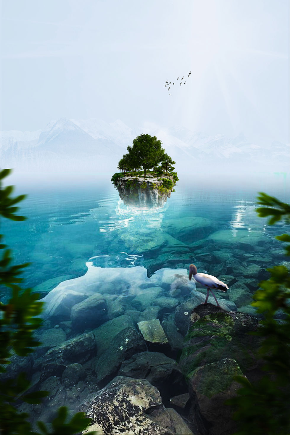 Floating island with a single tree over clear blue water
