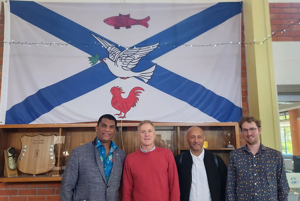 College visitor The Honourable Fijian Minister of Education Aseri Radrodro, Head of Salmond Nick Bates, Professor Patrick Vakaoti and Pastoral Assistant Richie Brown at a Salmond College Talanoa.