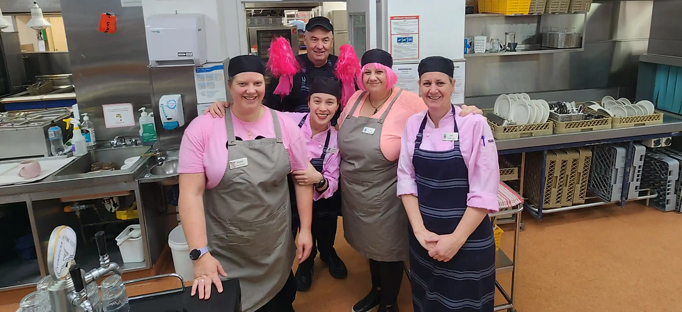 Salmond College Dunedin's wonderful food services team on Breast Cancer Awareness Day, rocking the pink!