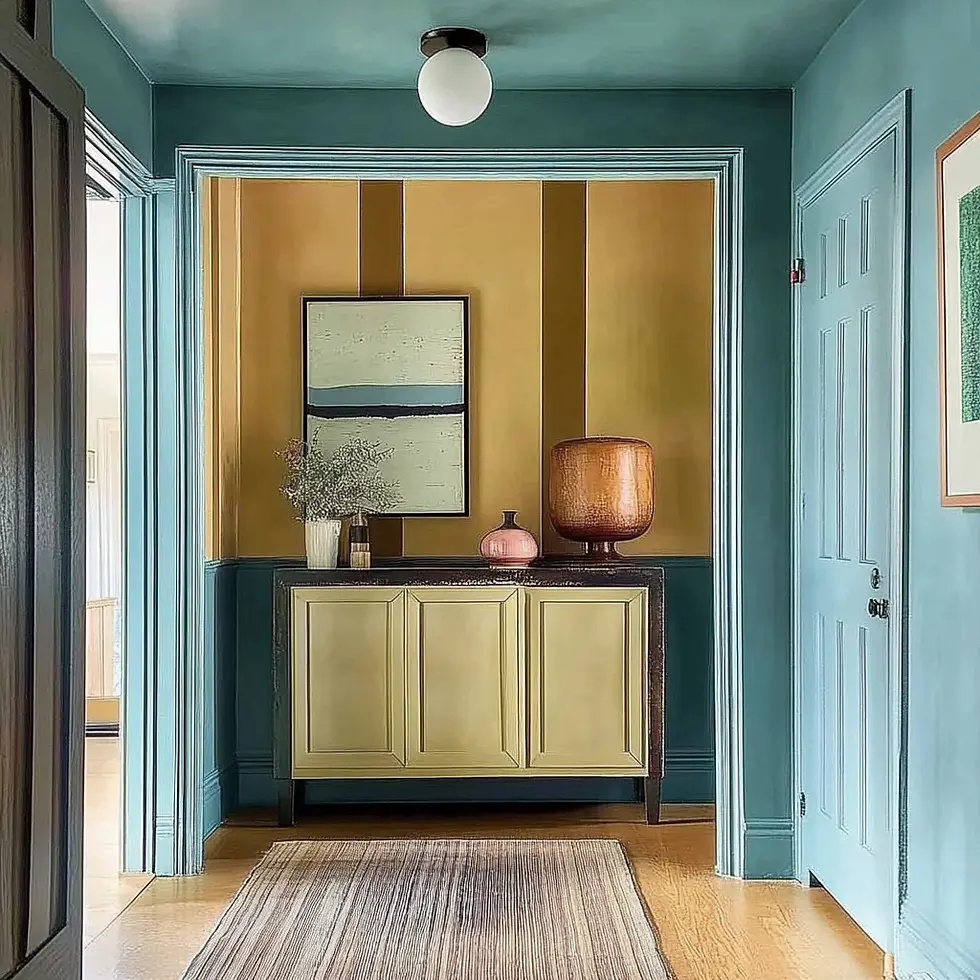Entrée turquoise et papier-peint ligné