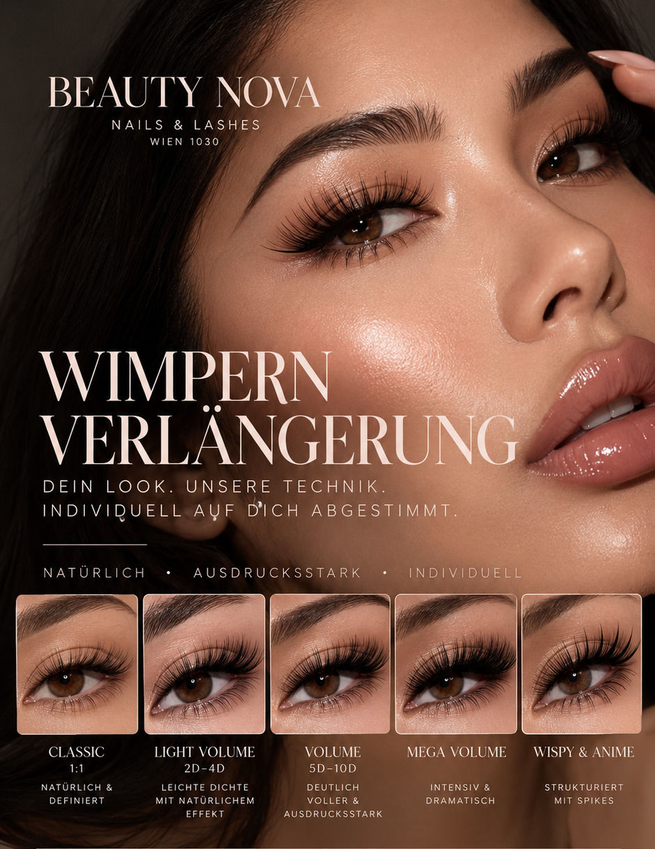 Wimpernverlängerung bei Beauty Nova in Wien 1030 mit Classic, Light Volume, Volume, Mega Volume sowie Wispy und Anime Lash Styles.
