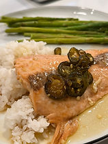 Roasted Salmon with Jalapeno, Honey, and Lime and Steamed Asparagus