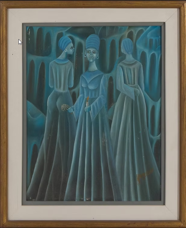 Zonder titel van Madsen Monpremier, ca. 1980: Drie vrouwen in een blauw gedempt ritueel.