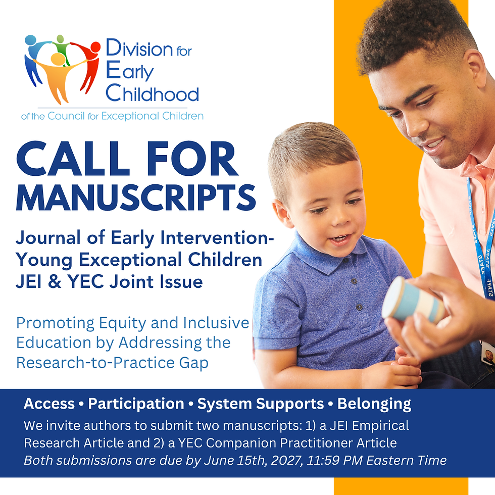 Poster for Division for Early Childhood call for manuscripts, showing teacher and child with toy on orange-white background.