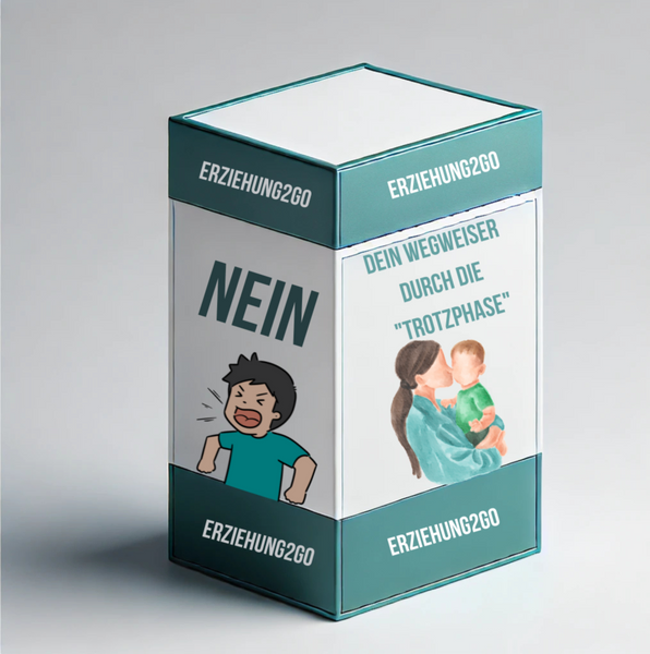 Eine 3d dimensionale Box mit der Abbildung eines Kindes was Laut Nein ruft, und daneben eine Mutter die das Kind umarmt. 