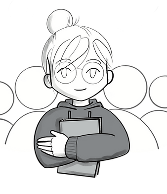 Lisa from lis.strations, a cartoon of a young woman in a hoodie, crossing her arms in front of her to hold a book; behind her are four transparent figures illustrating a community standing behind her