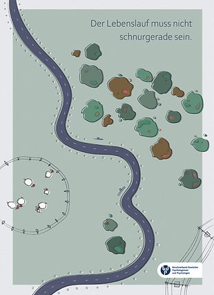 a drawn postcard from a bird's view, a scene of grass with a couple of trees in the right upper corner and some sheep on the left lower corner, and a street crossing through it curvily, saying "your CV does not have to be straight forward"