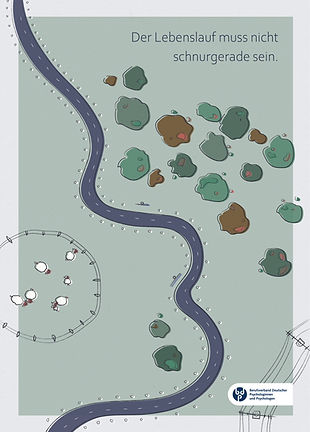 a drawn postcard from a bird's view, a scene of grass with a couple of trees in the right upper corner and some sheep on the left lower corner, and a street crossing through it curvily; it says "your CV does not have to be straight-foward"