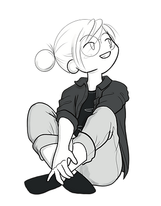 Lisa from lis.strations, a cartoon of a young woman sitting cross-legged with her arms holding her ankles, she looks happily to the left; she wears glasses, a dark open shirt over her black top, and a light jeans