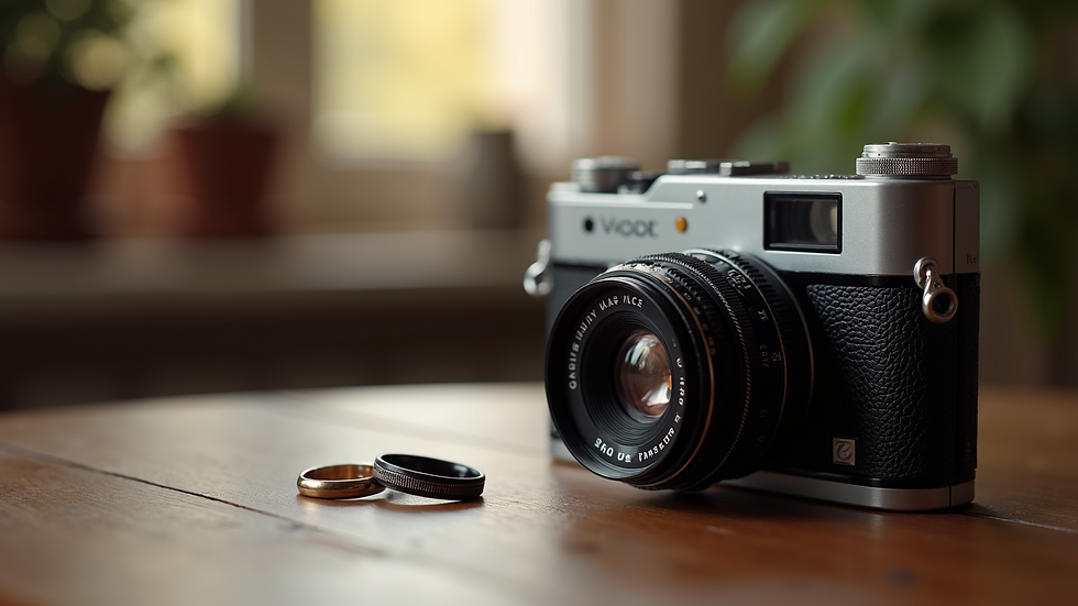 Close-up view of a vintage camera on a wooden table with wedding rings beside it