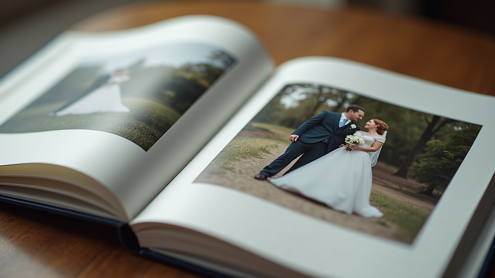 Close-up view of a wedding album with printed photos
