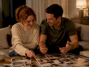 Couple reviewing wedding photo proofs together
