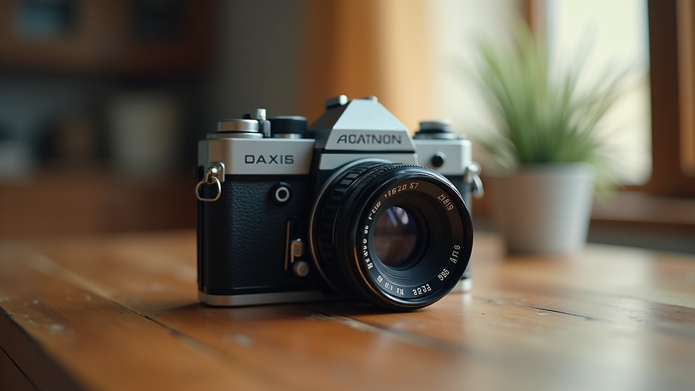 Eye-level view of a vintage film camera on a wooden table