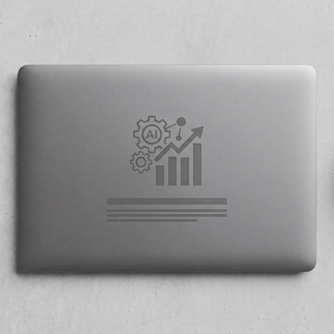 Minimalist greyscale laptop and brain model on a textured surface, featuring an AI financial growth icon.