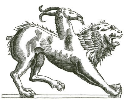 An ancient pen-and-ink illustration of a chimera