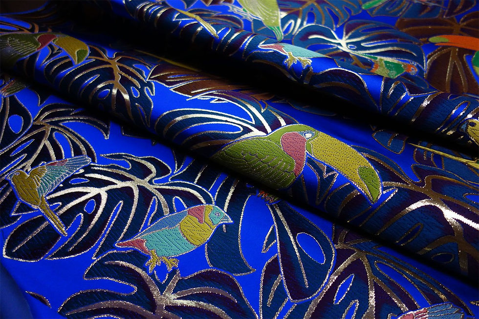 Thumbnail: SILK BROCADE WITH MONSTERA FLOWER AND BIRD MOTIFS