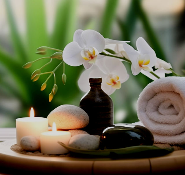 Spa essential oil and candles with beautiful bright white flowers
