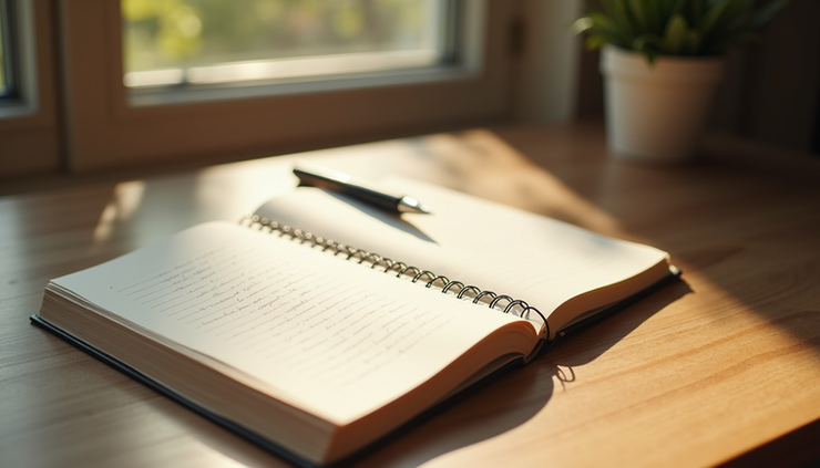 Close-up view of a journal and pen on a wooden desk with morning light