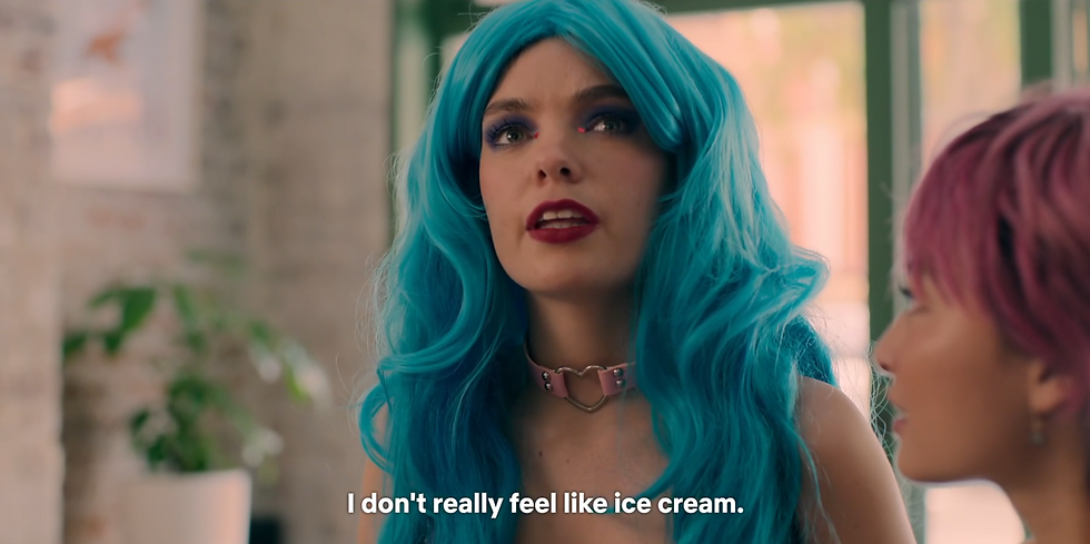 Quinni looks up hesitantly, captions read: 'I don't really feel like ice cream.'