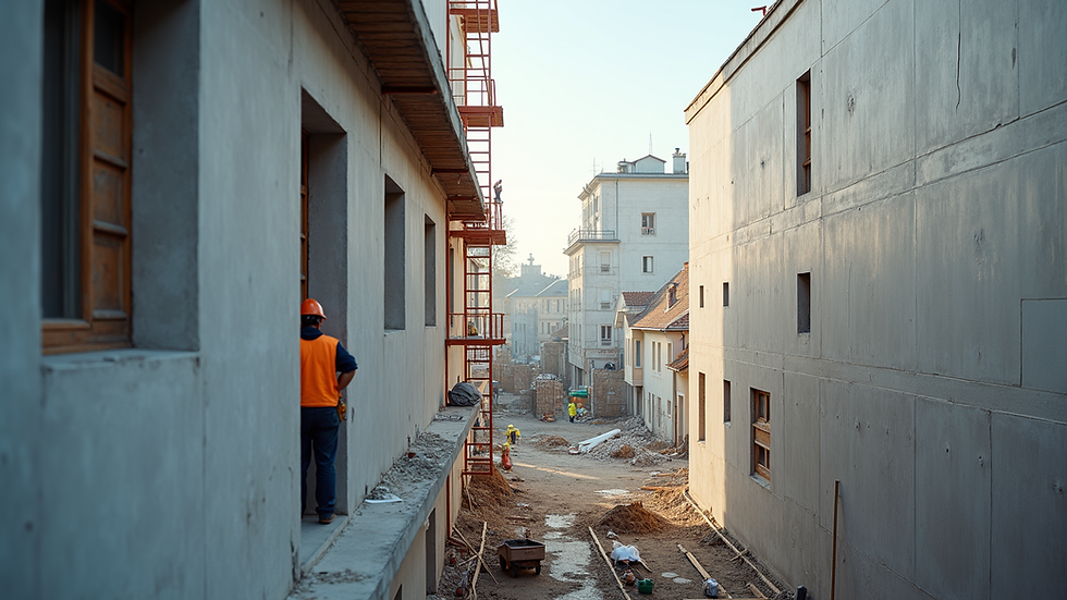 Vue en plongée d’un chantier de rénovation avec des échafaudages et des ouvriers travaillant sur une façade