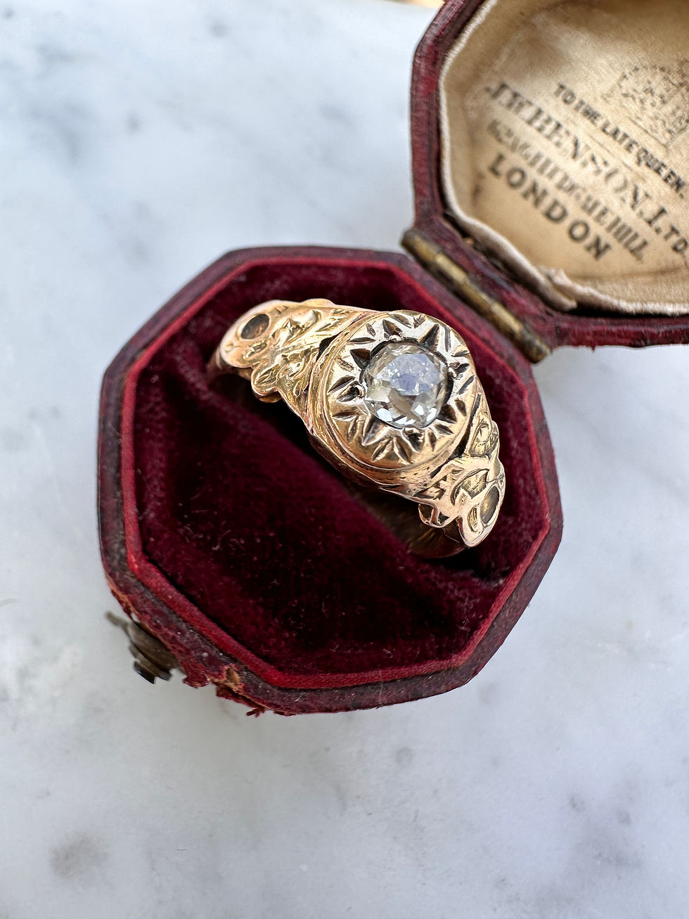 Thumbnail: Antique (1867) Old Mine Cut Diamond Engraved Memorial Ring (UK K.5)