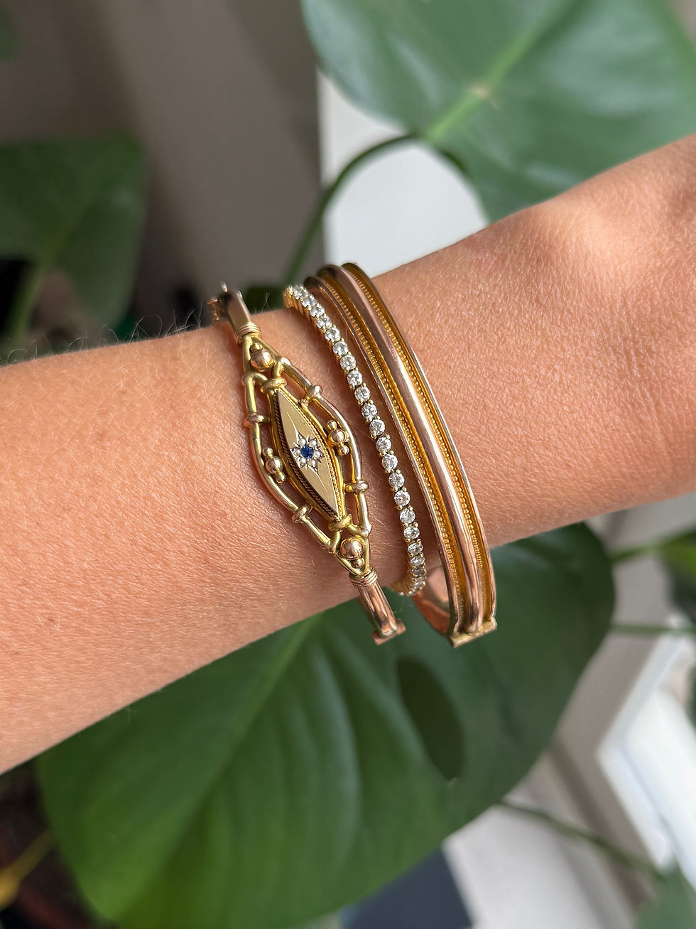 Thumbnail: Antique 9ct Gold Sapphire and Pearl Bangle Bracelet