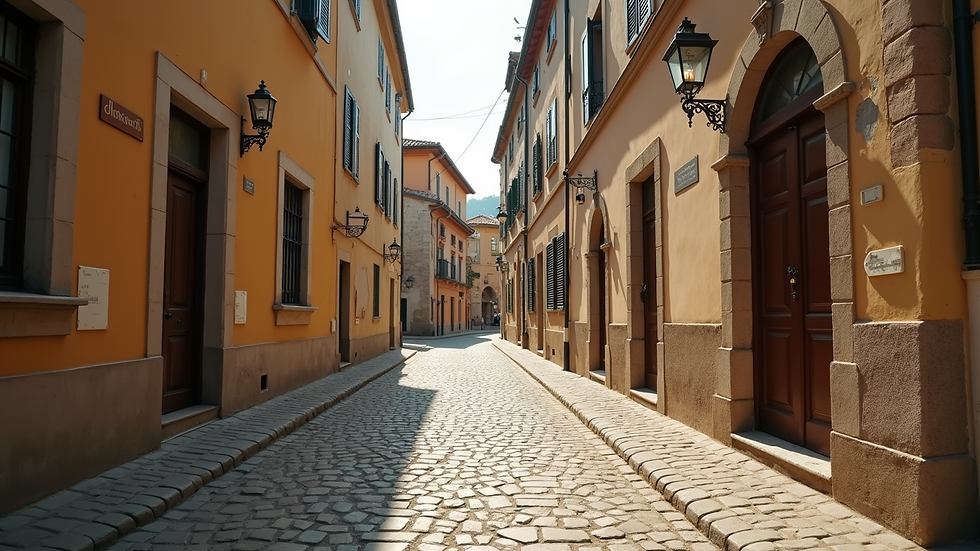 Eye-level view of a charming cobblestone street in a Southern European village