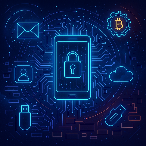 Futuristic 4K digital artwork showing online tools, digital assets, cryptocurrency, and data security in estate planning.