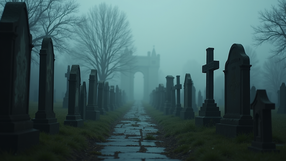 Eye-level view of a spooky graveyard scene with eerie tombstones and fog