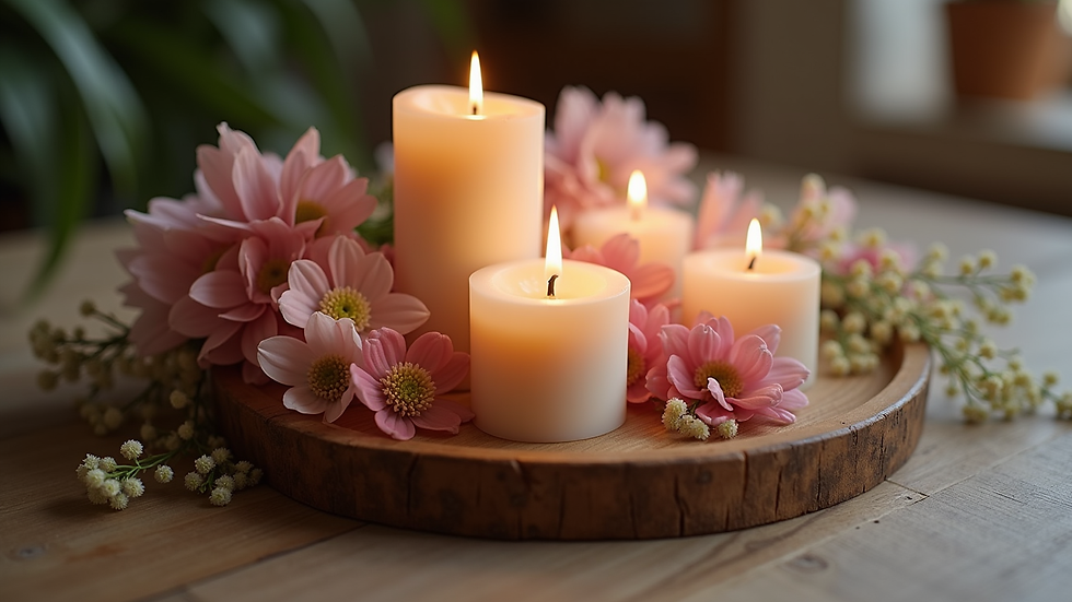 Eye-level view of a dessert-inspired candle arrangement on a wooden tray with flowers