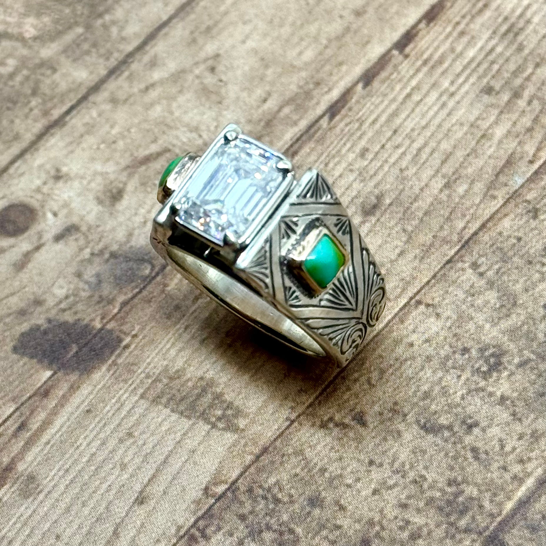 Cathedral Ring with Emerald Cut Moissanite and Turquoise