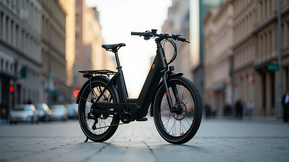 Eye-level view of a sleek e-bike parked against a city backdrop