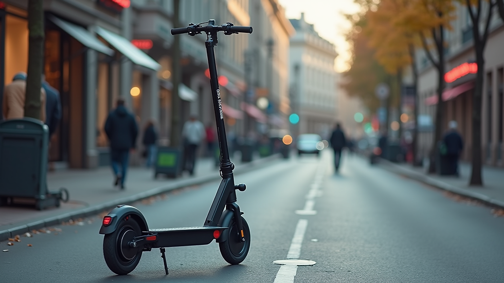 Eye-level view of a parked e-scooter on a city street