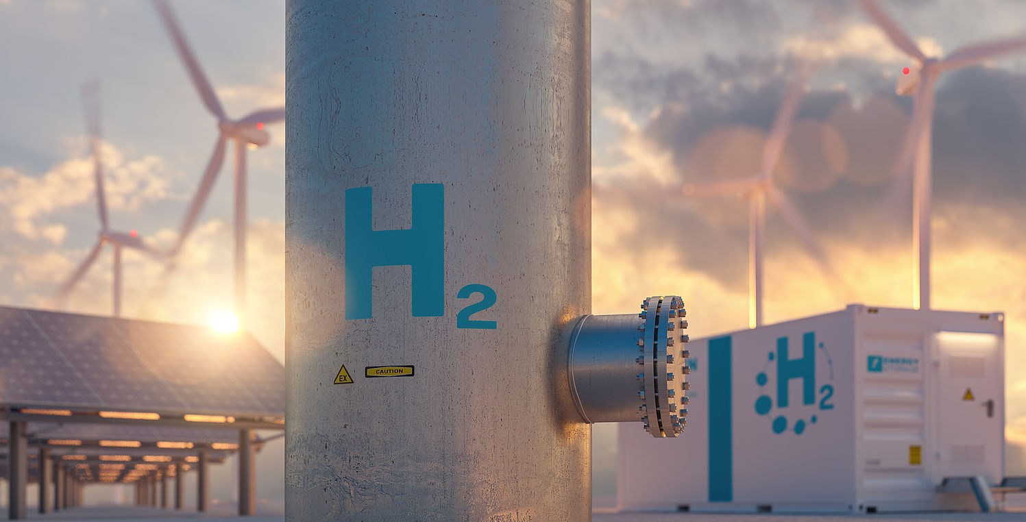 Hydrogen energy storage gas tank with solar panels, wind turbine and energy storage contai