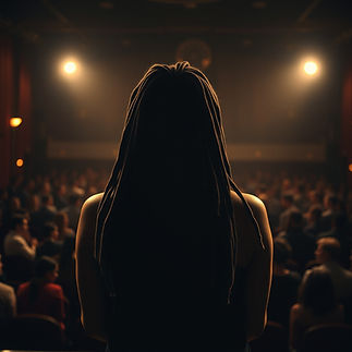 A powerful image of a Black woman with long, thick dread locks, standing on a stage in a d