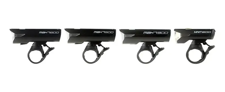 Lumixell MAKT bike headlights side by side: MAKT800, MAKT500, MAKT300 and the smaller MAKT200, each on its silicone strap handlebar mount