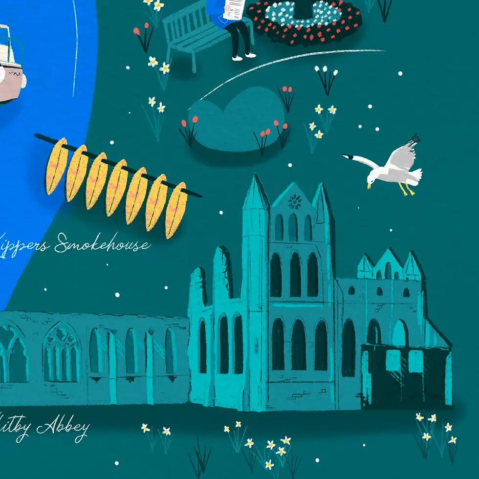 Thumbnail: Whitby Landmarks Art Print (Dark)