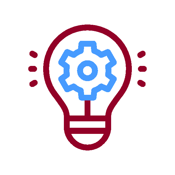 Light bulb with gear spinning inside and light beams emitting from the top and sides representing innovation and leadership