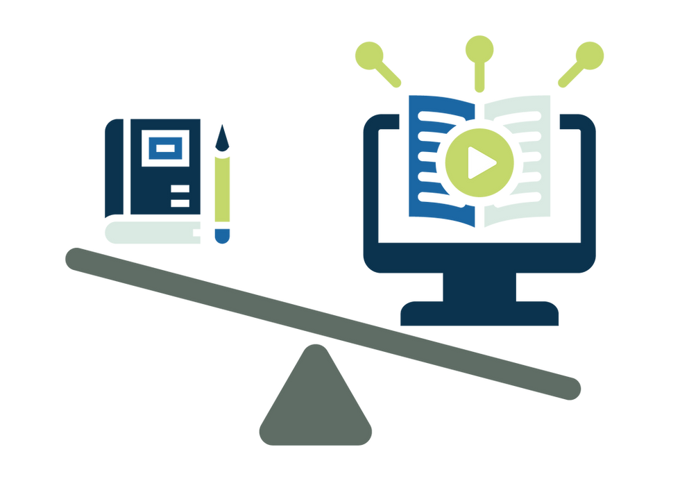 An illustration of a scale demonstrating the shift from reliance solely on printed materials to high quality learning solutions.