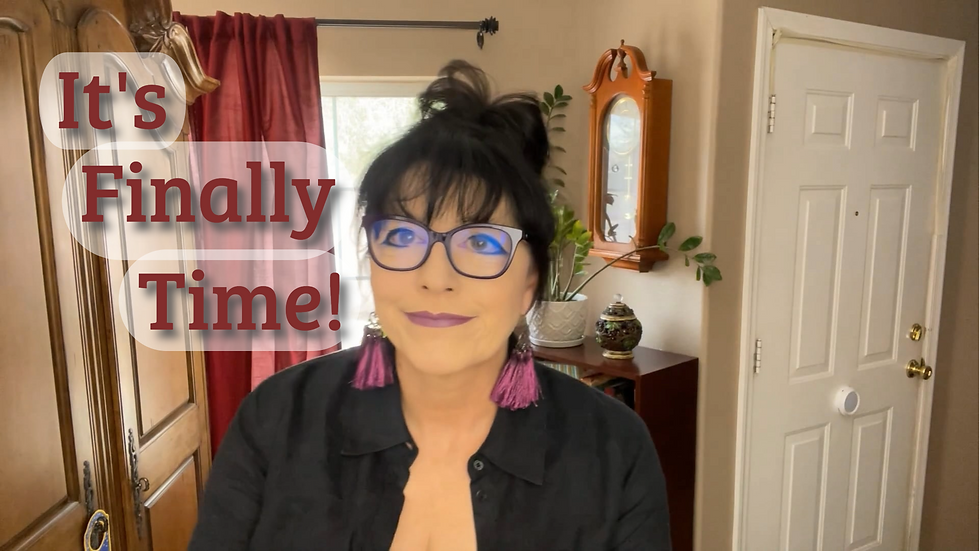 woman looking into camera with sunlit room behind her. The words, "It's Finally Time!" appear on the top left of the image.