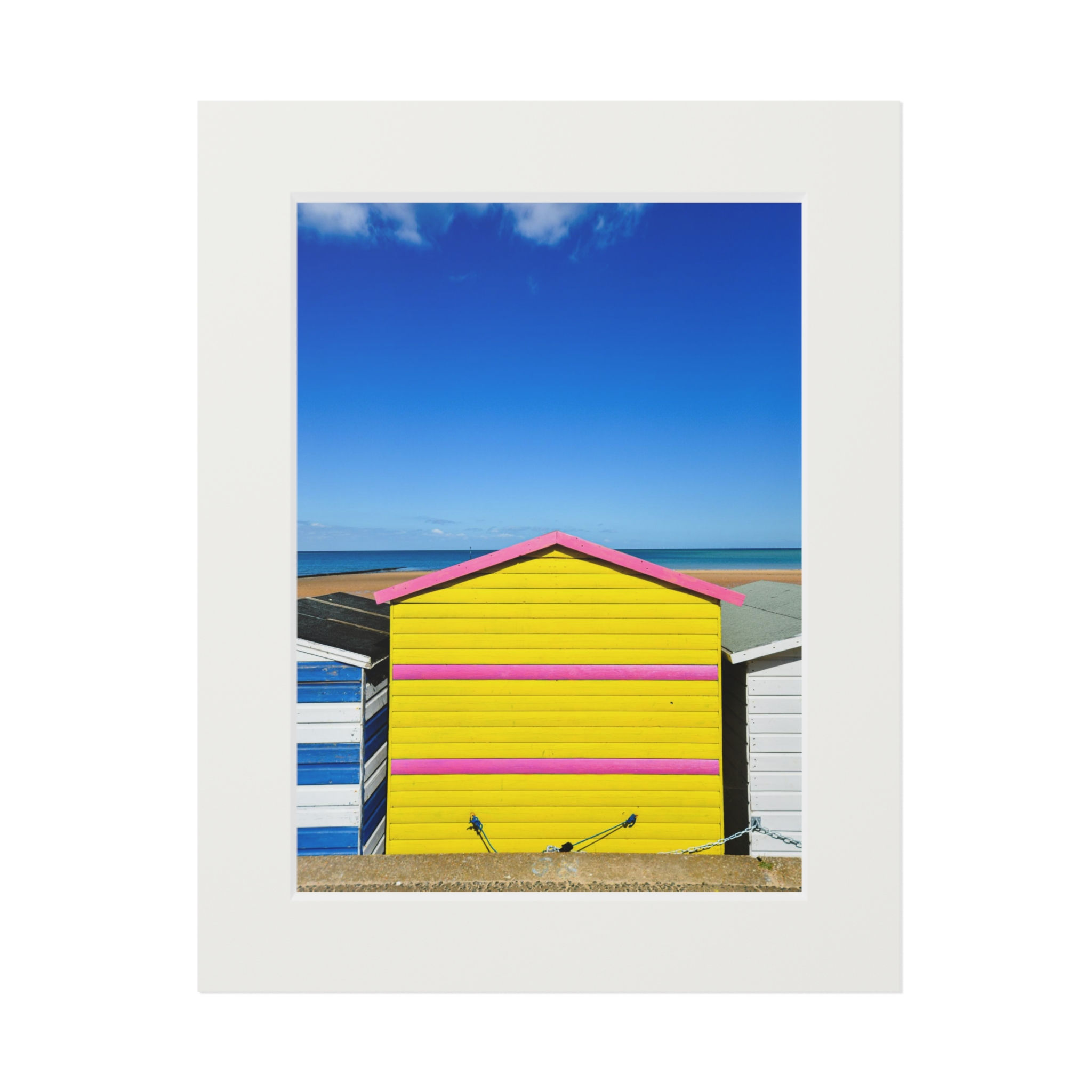 Beach hut beneath azure Skies -Fine Art Prints (Passepartout Paper Frame)