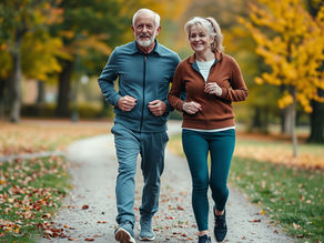 Older couple walking together in a park during autumn, smiling and staying active.