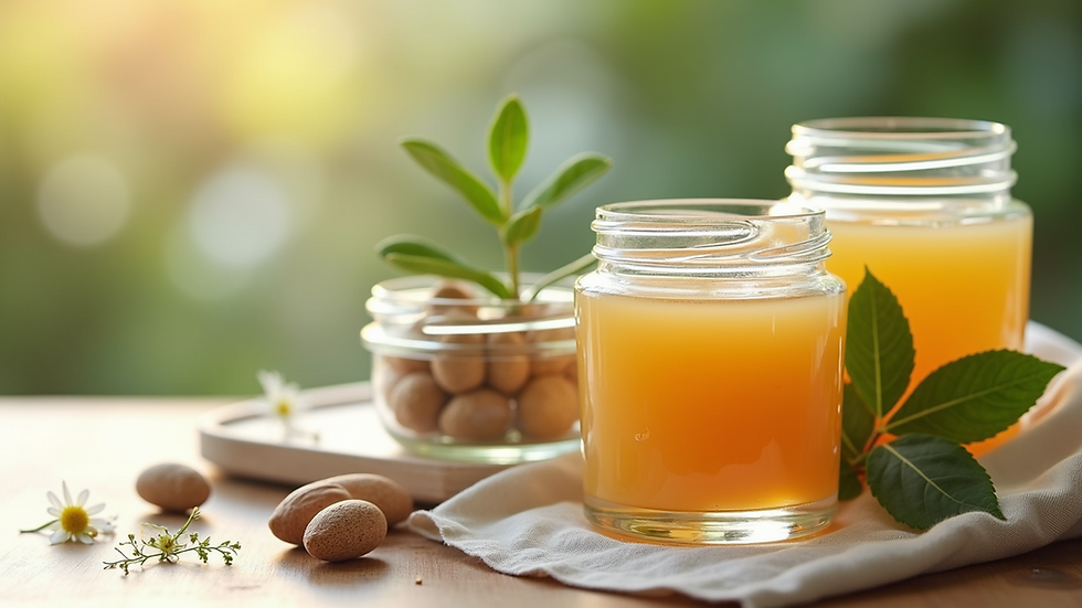Close-up view of natural skincare ingredients in glass jars